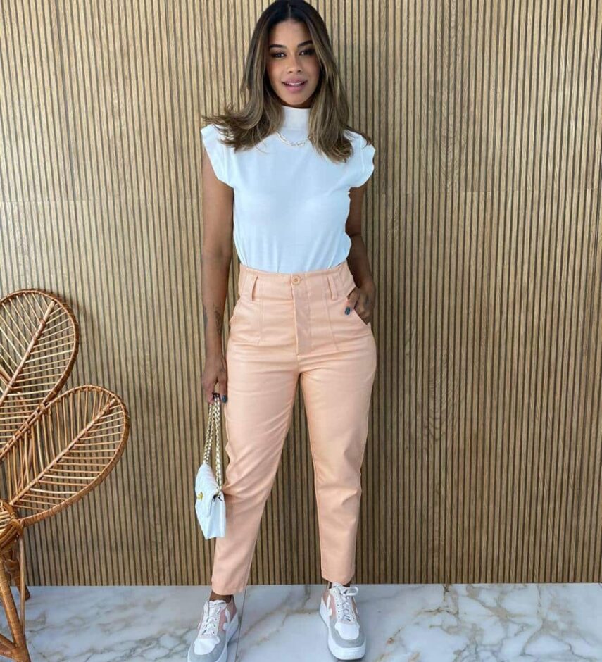 Calça Couro Eco Feminina com Passantes Salmão - Fernanda Ramos Store