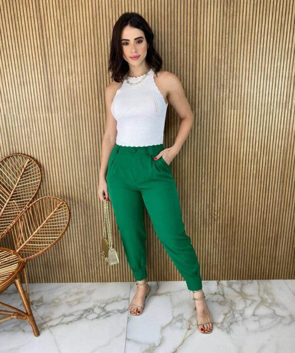 Calça Feminina Botão Encapado com Bolsos Verde Fernanda Ramos Store