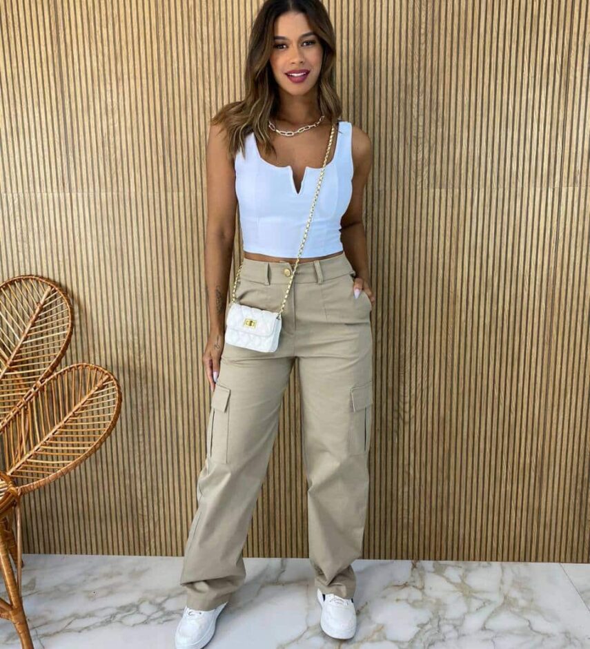 Calça Feminina com Bolsos Cargo Caqui Fernanda ramos store