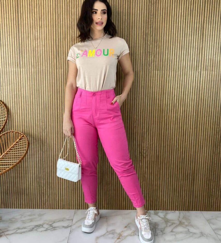 fernandaramosstore com br calca le feminina sarja com bolsos rosa chiclete 2