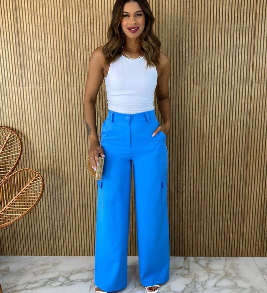 Calça Social Feminina Cintura alta Cargo Azul Fernanda ramos store
