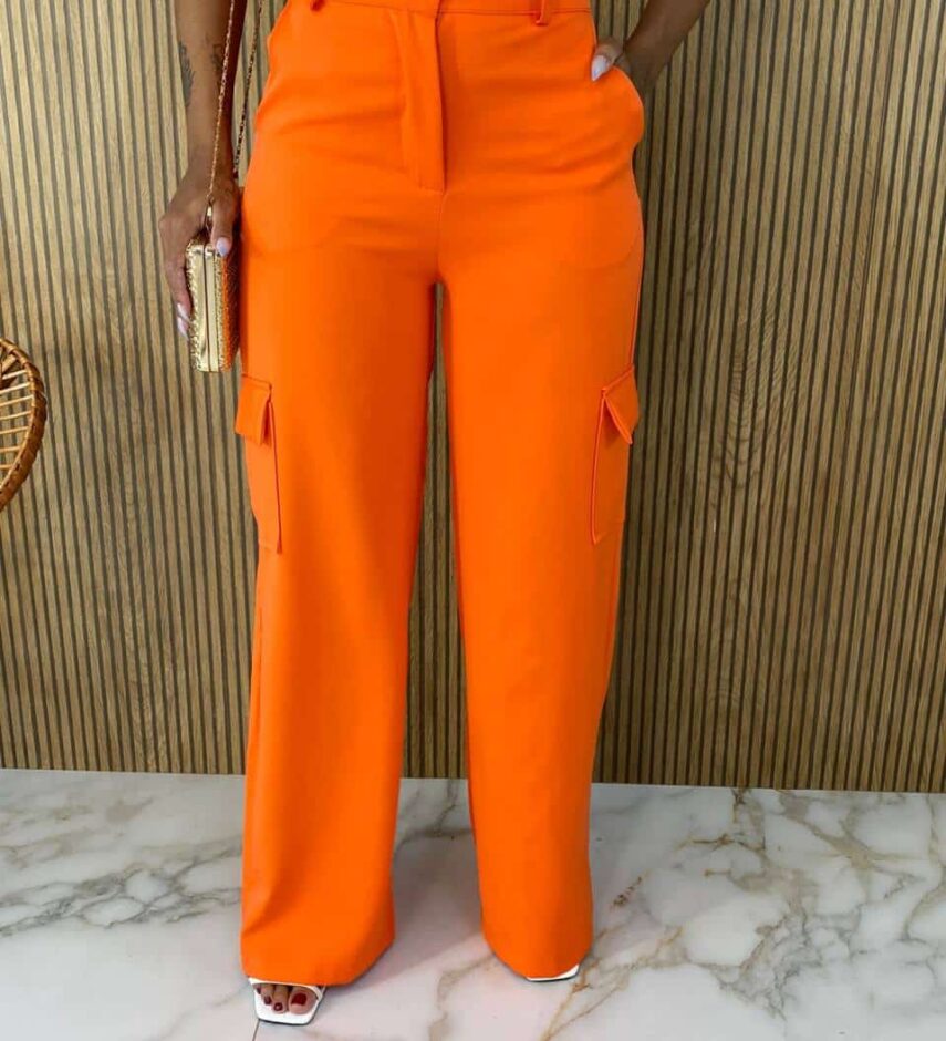 Calça Social Feminina Cintura alta Cargo Laranja - Fernanda Ramos Store