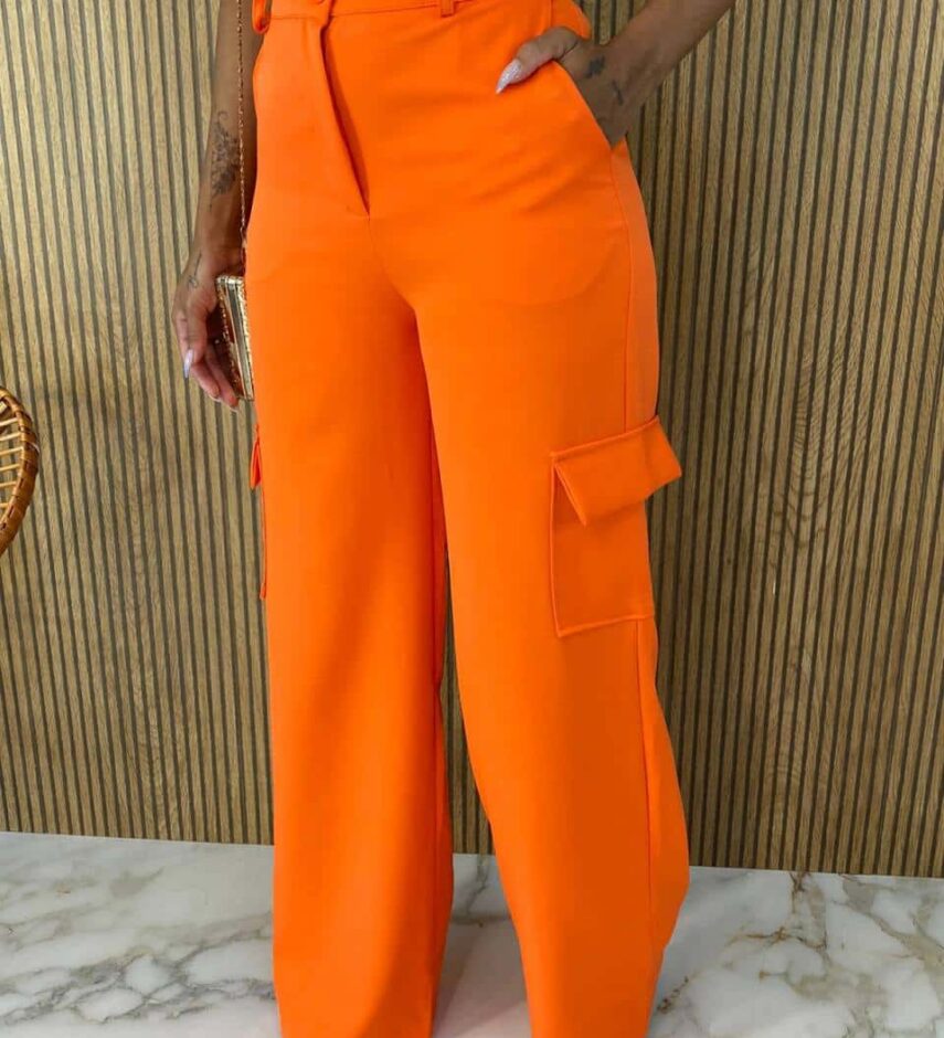 Calça Social Feminina Cintura alta Cargo Laranja - Fernanda Ramos Store