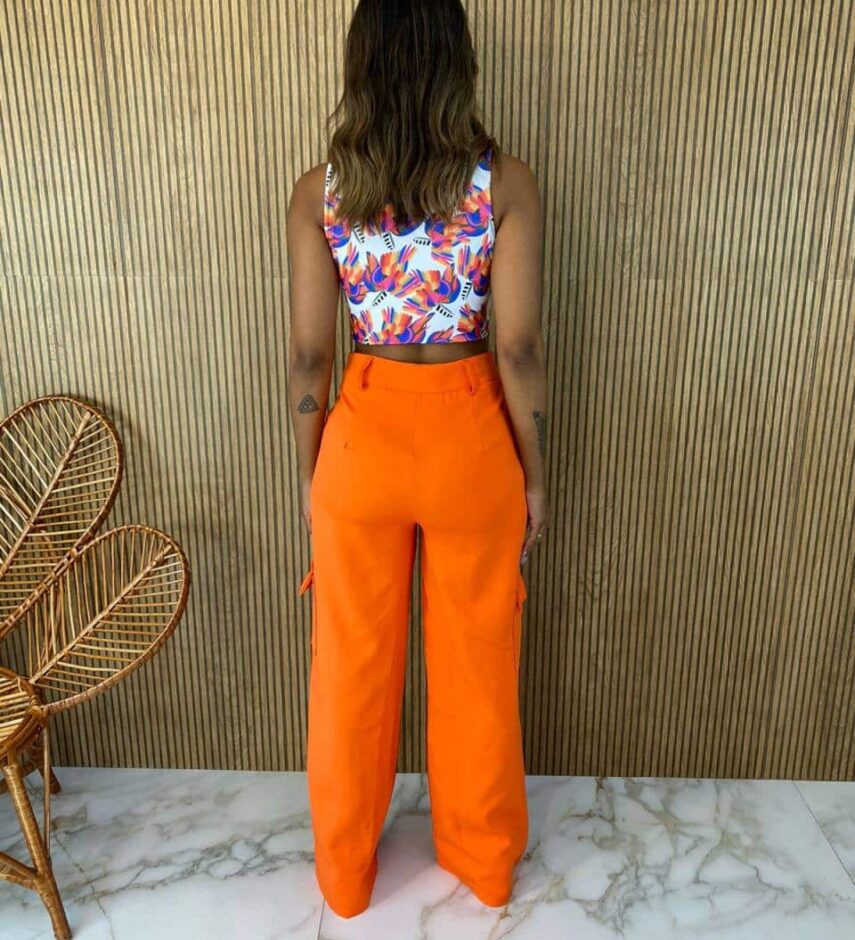 Calça Social Feminina Cintura alta Cargo Laranja - Fernanda Ramos Store