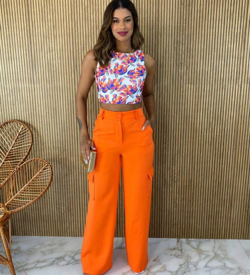 Calça Social Feminina Cintura alta Cargo Laranja - Fernanda Ramos Store