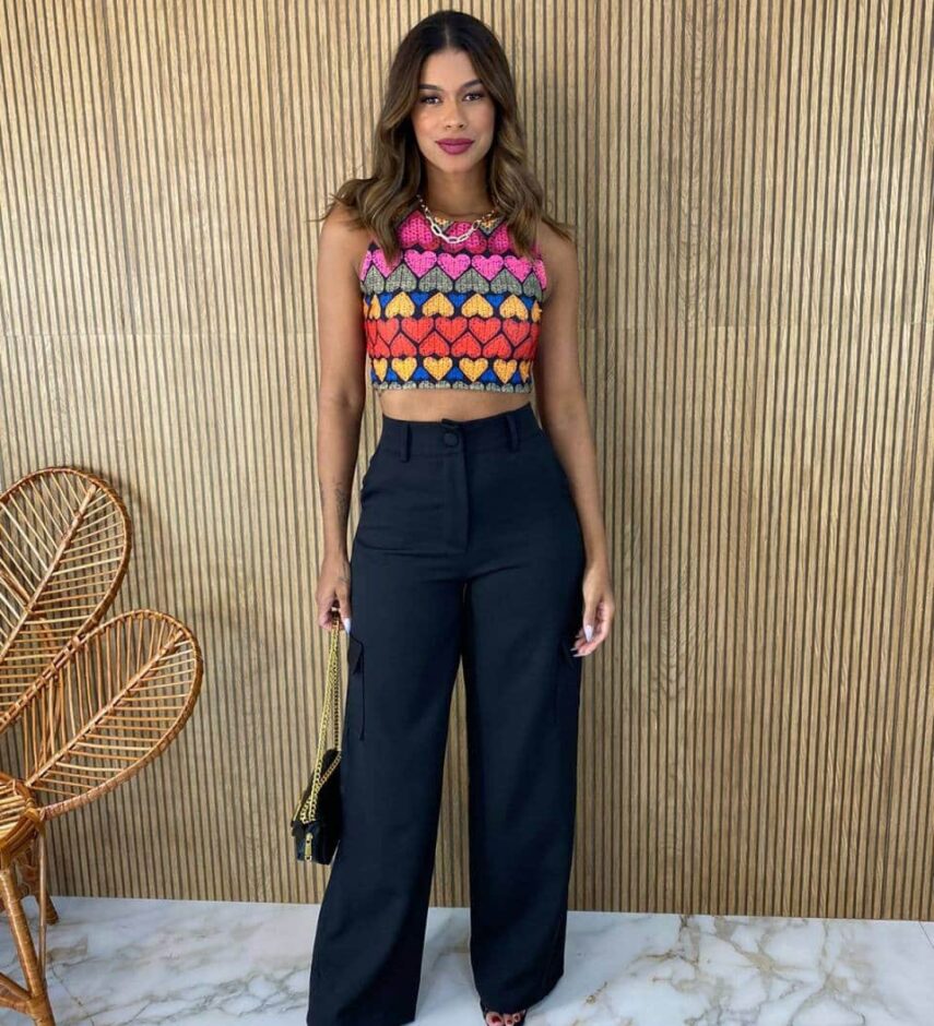Calça Social Feminina Cintura alta Cargo Preta fernanda ramos store