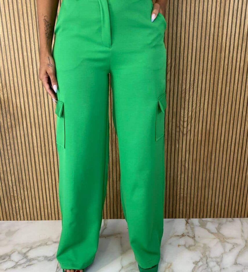 Calça Social Feminina Cintura alta Cargo Verde - Fernanda Ramos Store