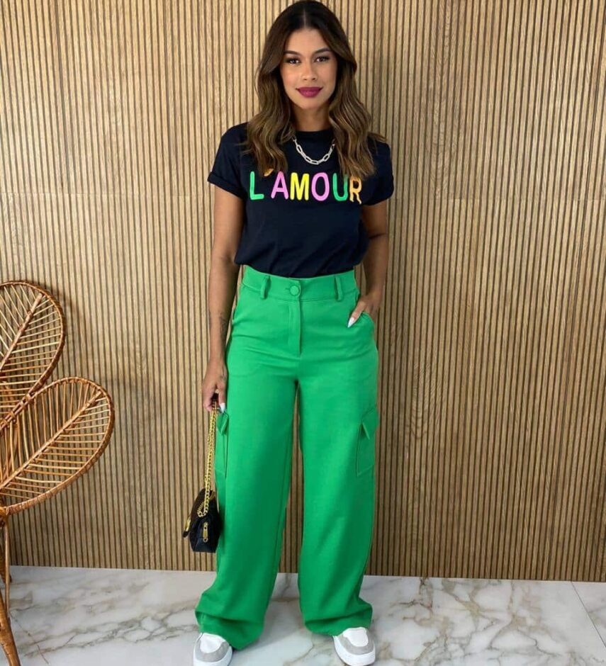 Calça Social Feminina Cintura alta Cargo Verde - Fernanda Ramos Store