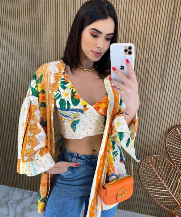 Conjunto Kimono com Cropped sem Bojo Estampado - Fernanda Ramos Store