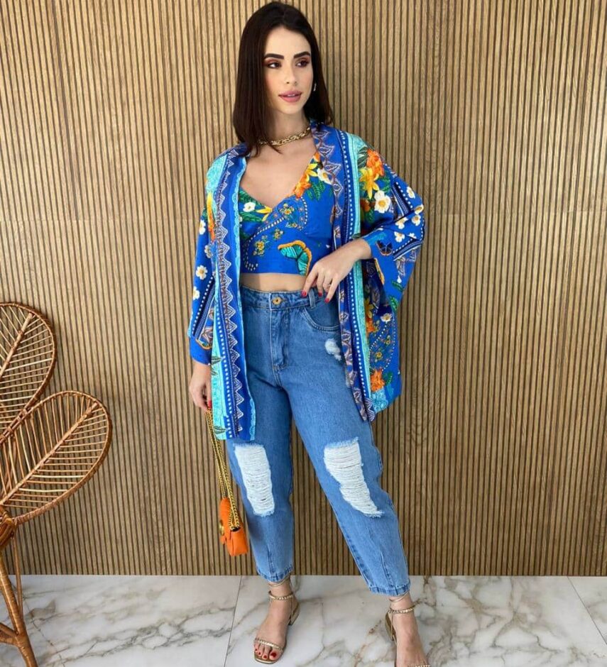 Conjunto Kimono com Cropped sem Bojo Estampado Azul - Fernanda Ramos Store