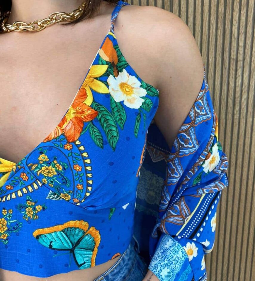 Conjunto Kimono com Cropped sem Bojo Estampado Azul - Fernanda Ramos Store