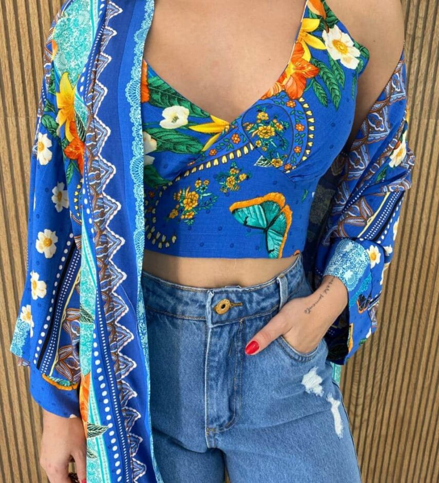 Conjunto Kimono com Cropped sem Bojo Estampado Azul - Fernanda Ramos Store