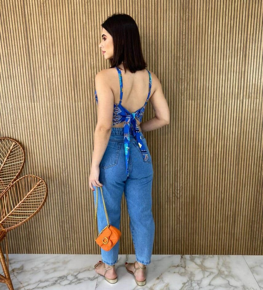 Conjunto Kimono com Cropped sem Bojo Estampado Azul - Fernanda Ramos Store