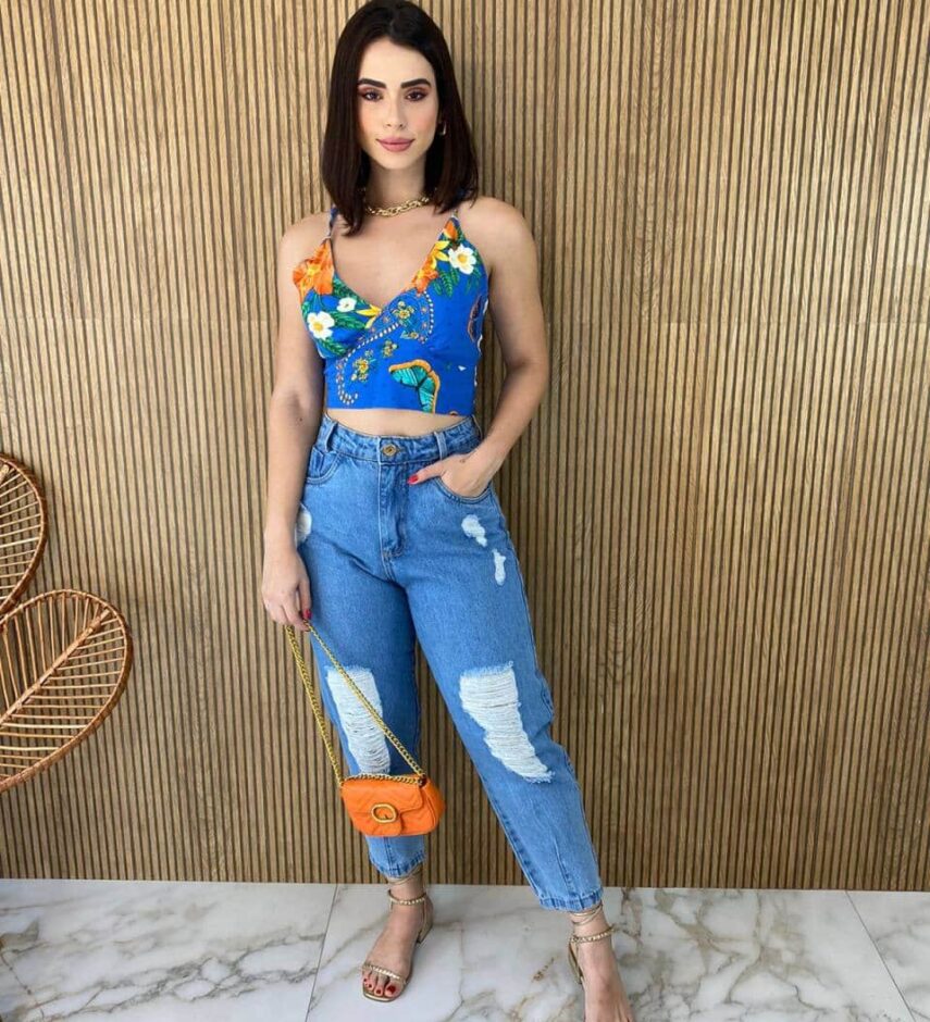 Conjunto Kimono com Cropped sem Bojo Estampado Azul - Fernanda Ramos Store