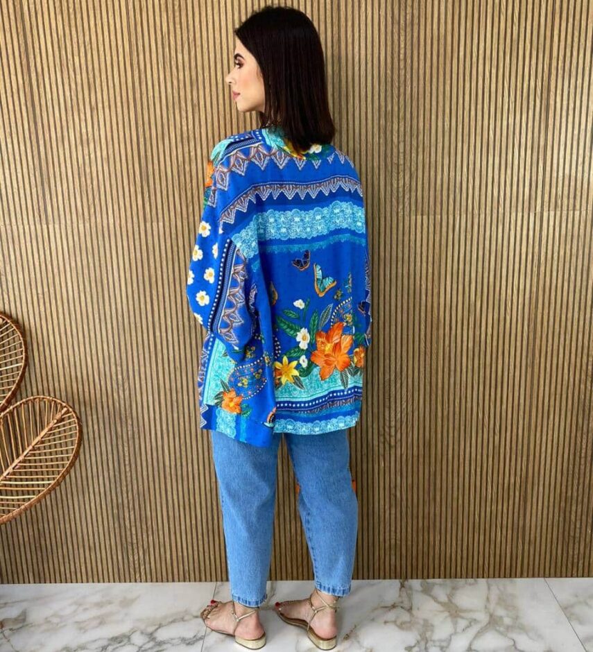 Conjunto Kimono com Cropped sem Bojo Estampado Azul - Fernanda Ramos Store