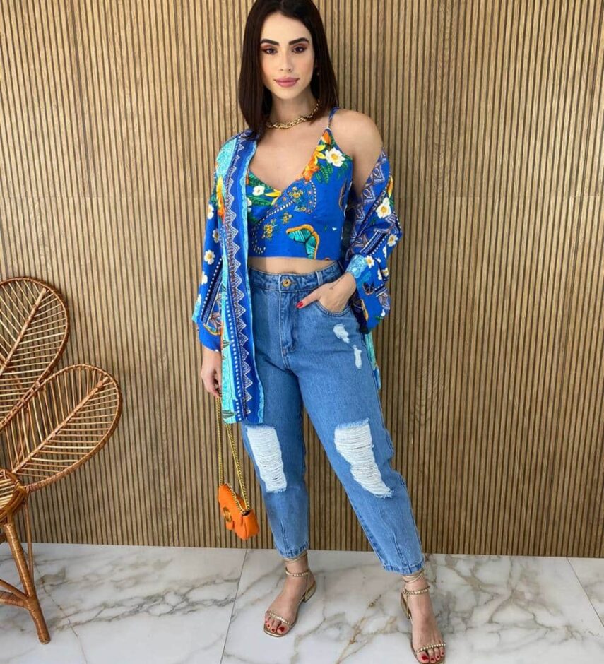 Conjunto Kimono com Cropped sem Bojo Estampado Azul - Fernanda Ramos Store
