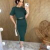 Conjunto Rosa Saia Midi e Cropped sem Bojo Detalhe em lurex Verde - Fernanda Ramos Store