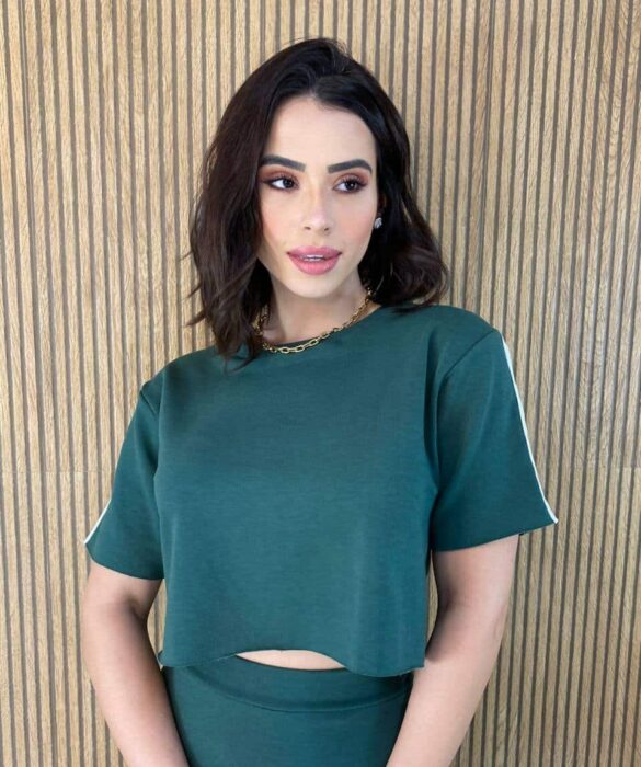 Conjunto Rosa Saia Midi e Cropped sem Bojo Detalhe em lurex Verde - Fernanda Ramos Store