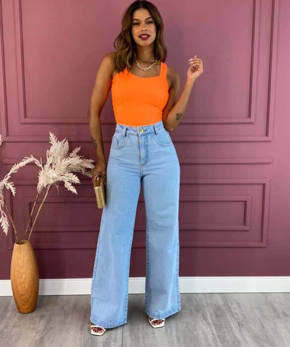 Cropped Feminino com Bojo Alça Fina Laranja Neon Fernanda Ramos Store