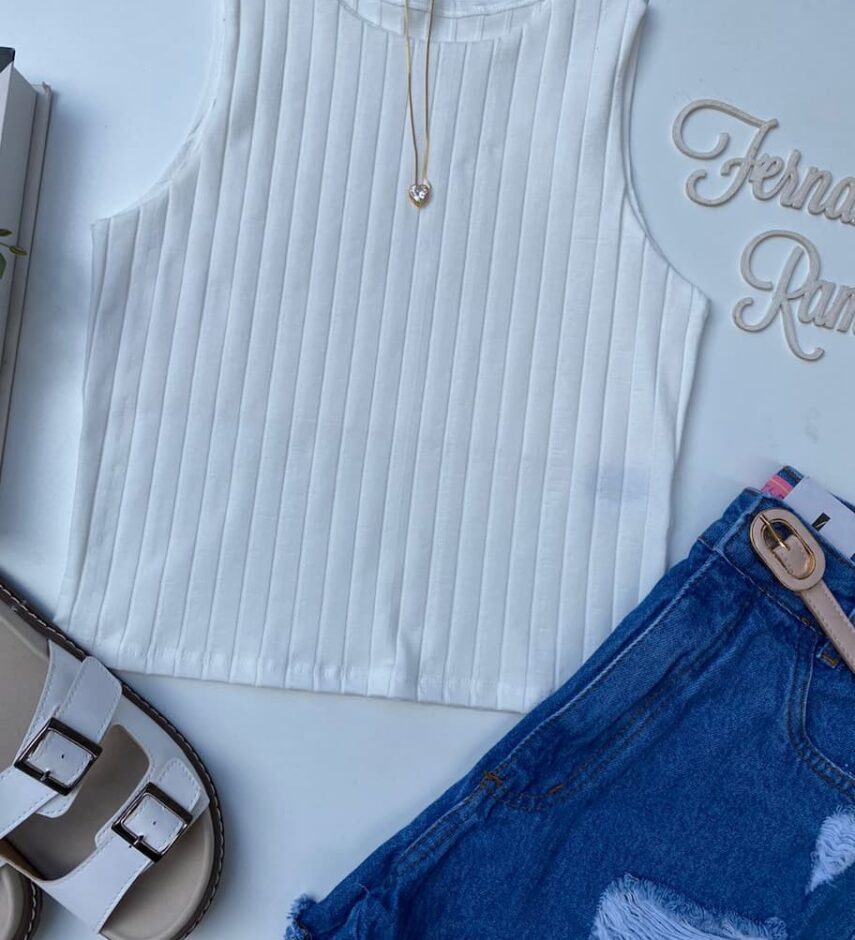 Cropped Branco Canelado de Malha - Fernanda Ramos Store