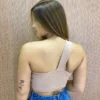 Cropped Feminino Canelado com Bojo e Abertura Nula Manga Bege - Fernanda Ramos Store