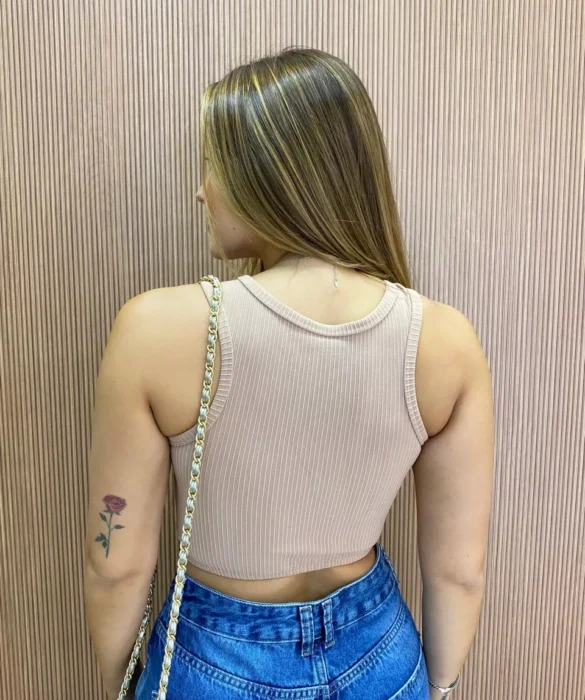 Cropped Feminino Canelado com Bojo Nadador Bege - Fernanda Ramos Store