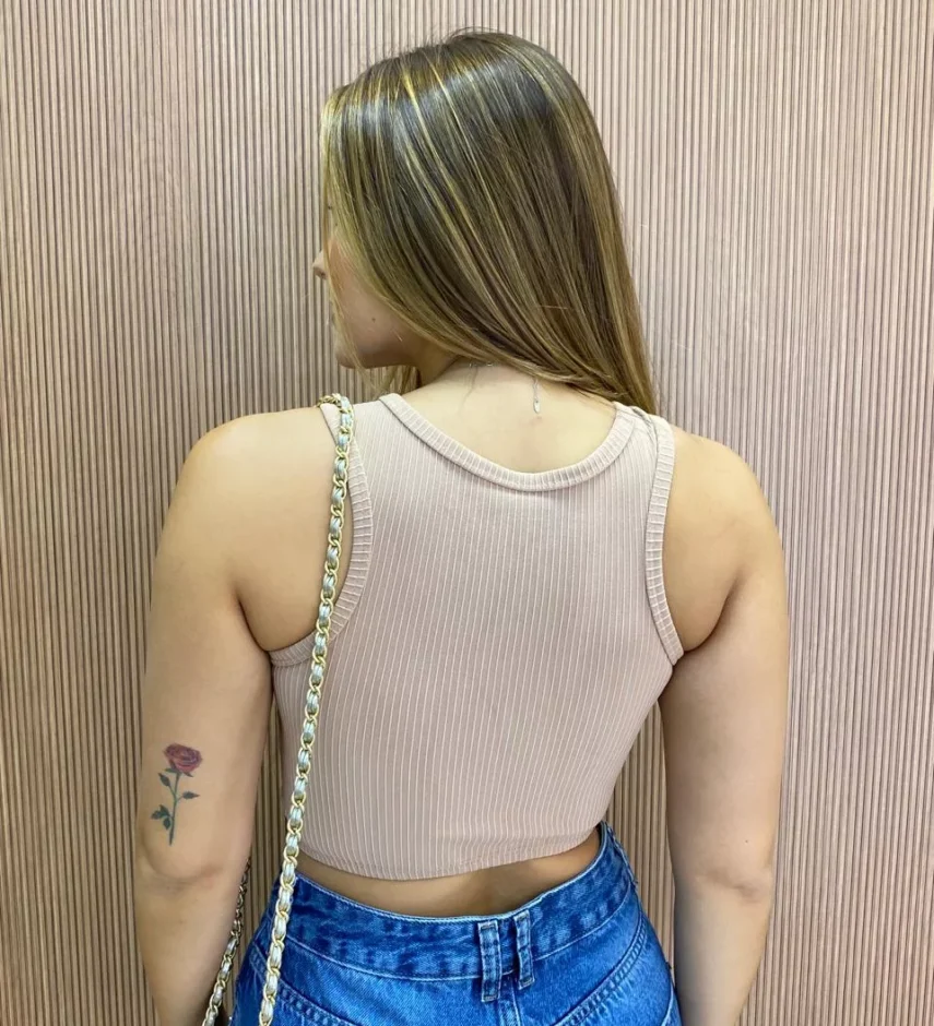Cropped Feminino Canelado com Bojo Nadador Bege - Fernanda Ramos Store
