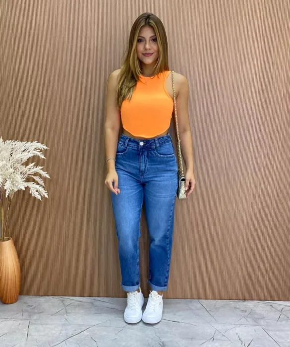 Cropped Feminino Canelado com Bojo Nadador Laranja - Fernanda Ramos Store