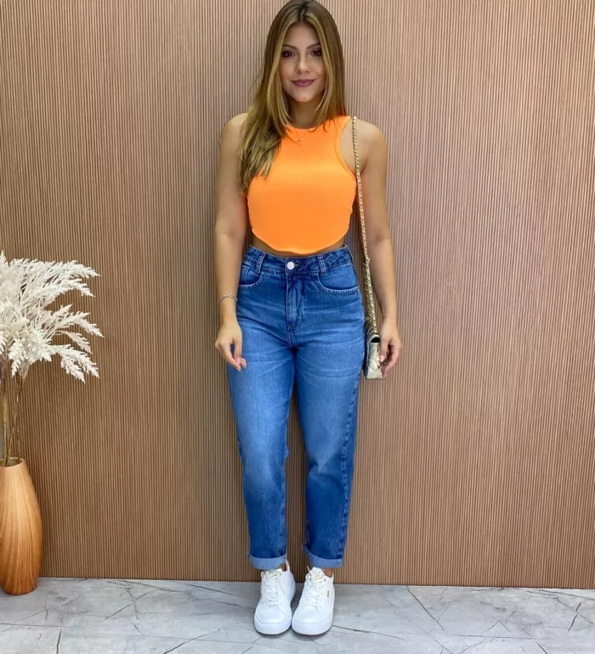 Cropped Feminino Canelado com Bojo Nadador Laranja - Fernanda Ramos Store