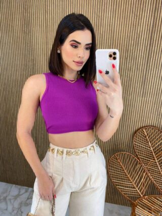 Cropped Feminino Canelado Fúcsia com Bojo - Fernanda Ramos Store