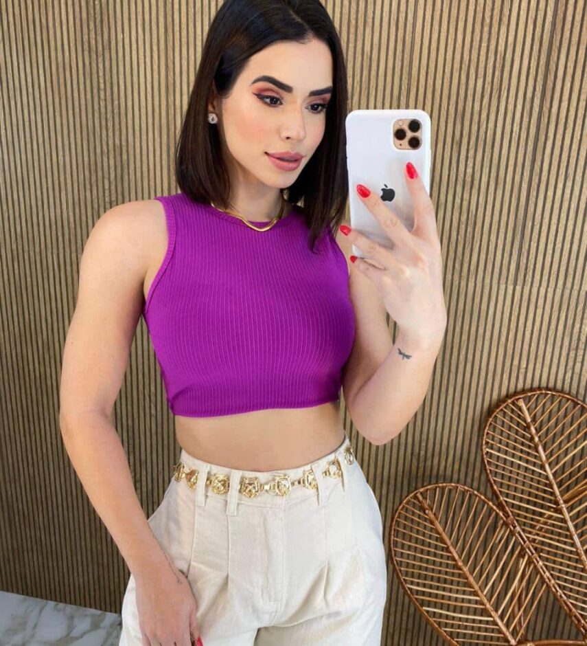 Cropped Feminino Canelado Fúcsia com Bojo - Fernanda Ramos Store