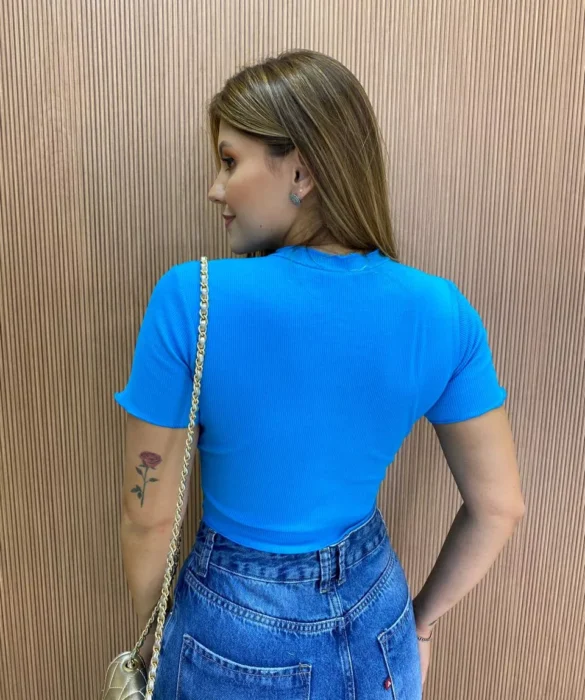 Cropped Feminino Canelado Ribana Azul - Fernanda Ramos Store