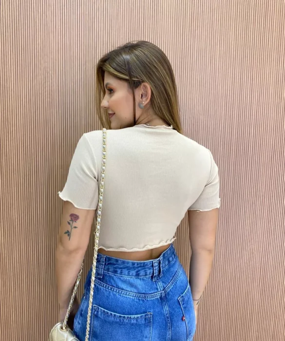 Cropped Feminino Canelado Ribana Bege - Fernanda Ramos Store