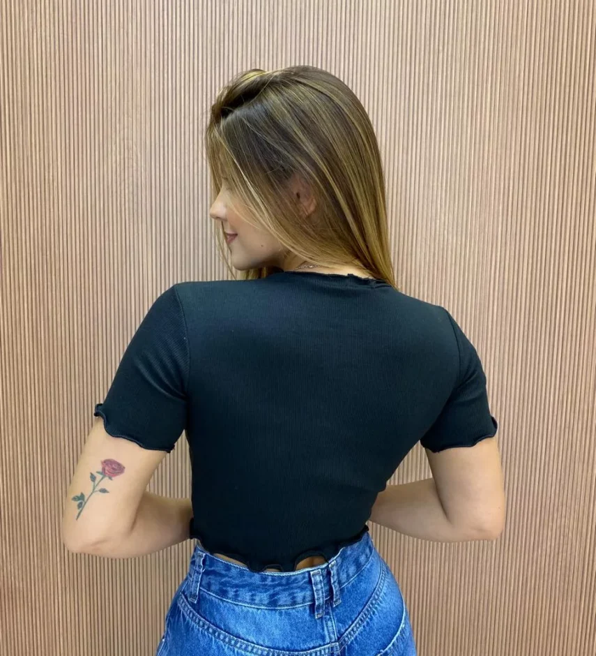 Cropped Feminino Canelado Ribana Preto - Fernanda Ramos Store