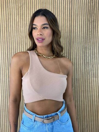 Cropped Feminino Canelado sem Bojo Nula Manga Bege - Fernanda Ramos Store