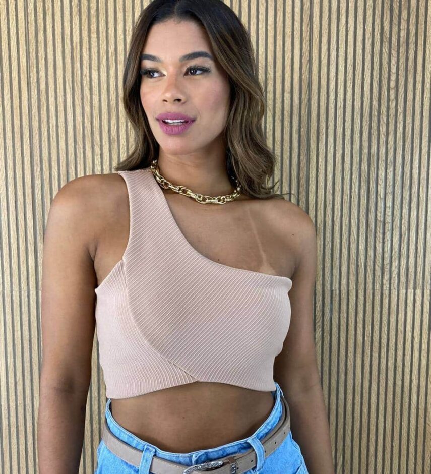 Cropped Feminino Canelado sem Bojo Nula Manga Bege - Fernanda Ramos Store