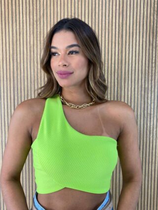 Cropped Feminino Canelado sem Bojo Nula Manga Verde - Fernanda Ramos Store