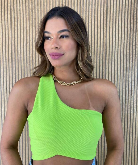 Cropped Feminino Canelado sem Bojo Nula Manga Verde - Fernanda Ramos Store