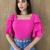 Cropped Feminino com Bojo Babados nas Mangas Pink Fernanda Ramos Store