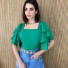 Cropped Feminino com Bojo Babados nas Mangas Verde Fernanda Ramos Store