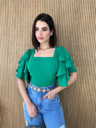 Cropped Feminino com Bojo Babados nas Mangas Verde Fernanda Ramos Store