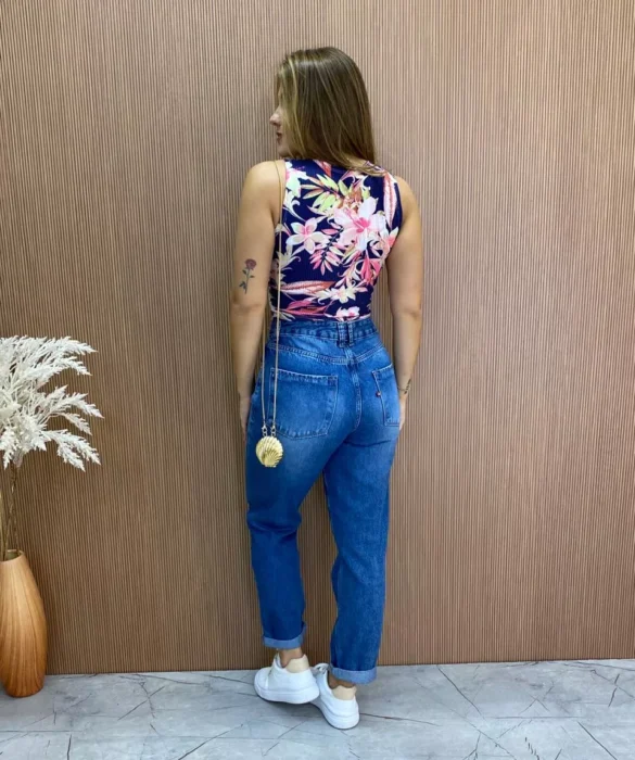 Cropped Feminino Canelado com Bojo Estampado Fundo Azul - Fernanda Ramos Store