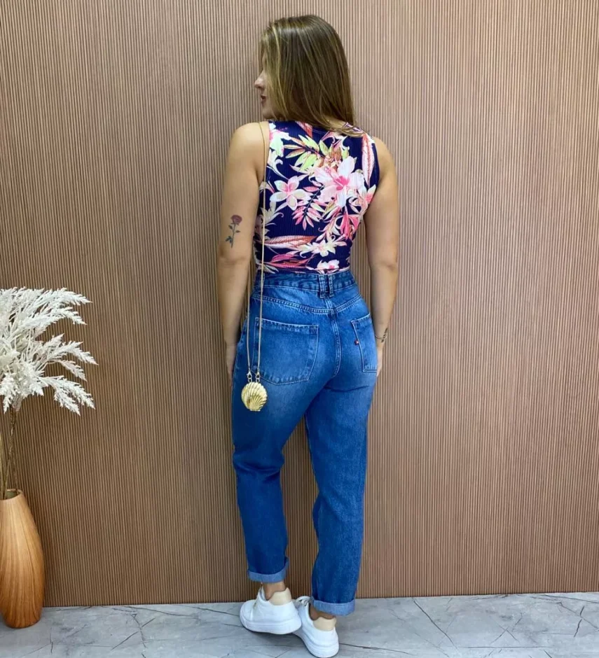 Cropped Feminino Canelado com Bojo Estampado Fundo Azul - Fernanda Ramos Store