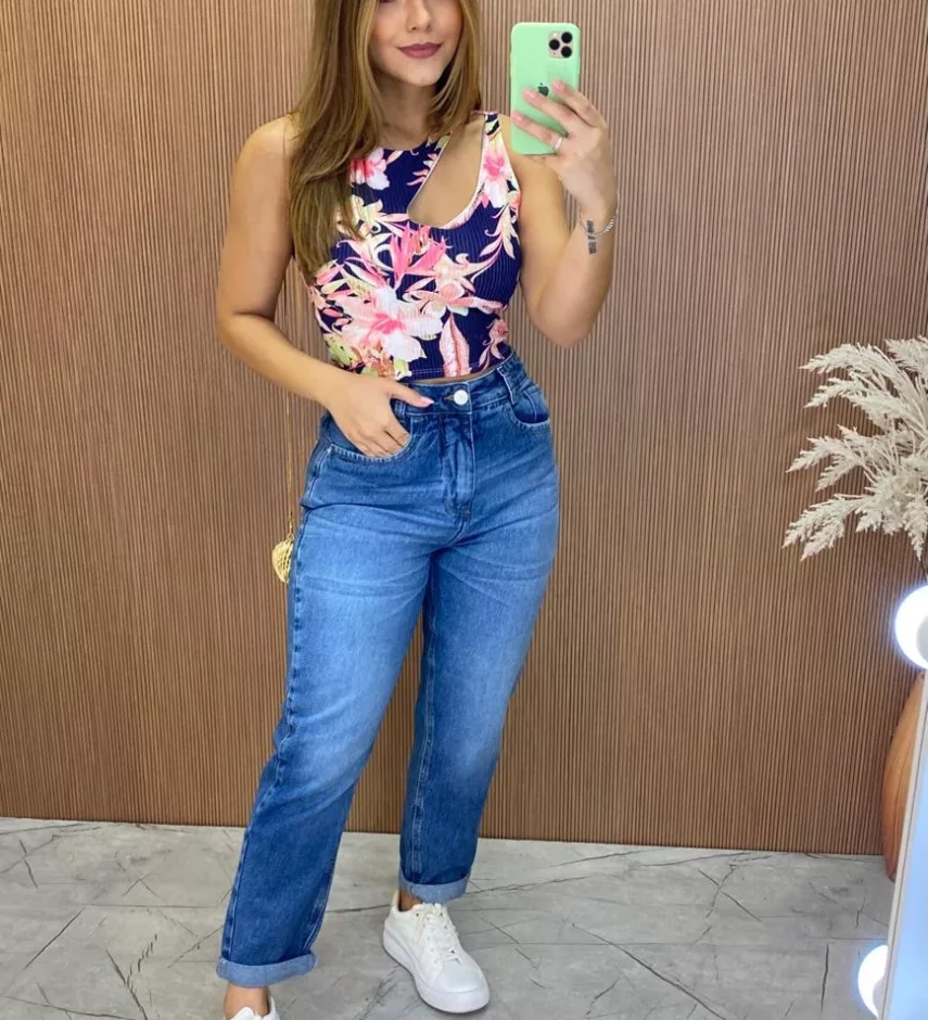 Cropped Feminino Canelado com Bojo Estampado Fundo Azul - Fernanda Ramos Store
