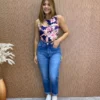 Cropped Feminino Canelado com Bojo Estampado Fundo Azul - Fernanda Ramos Store