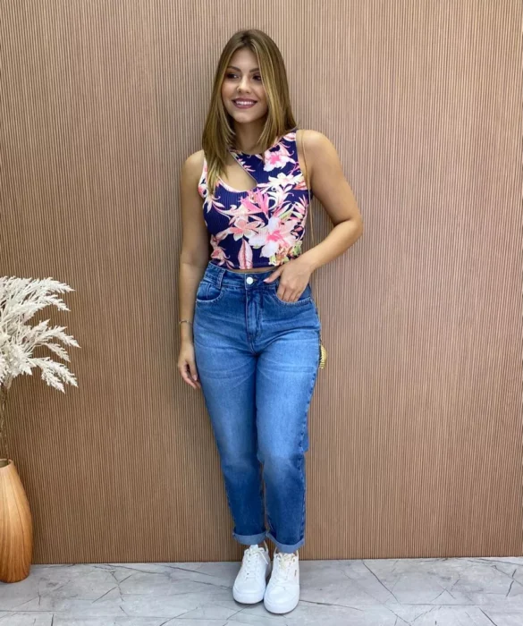 Cropped Feminino Canelado com Bojo Estampado Fundo Azul - Fernanda Ramos Store