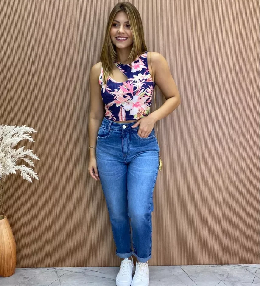 Cropped Feminino Canelado com Bojo Estampado Fundo Azul - Fernanda Ramos Store