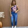 Cropped Feminino Canelado com Bojo Estampado Fundo Azul - Fernanda Ramos Store