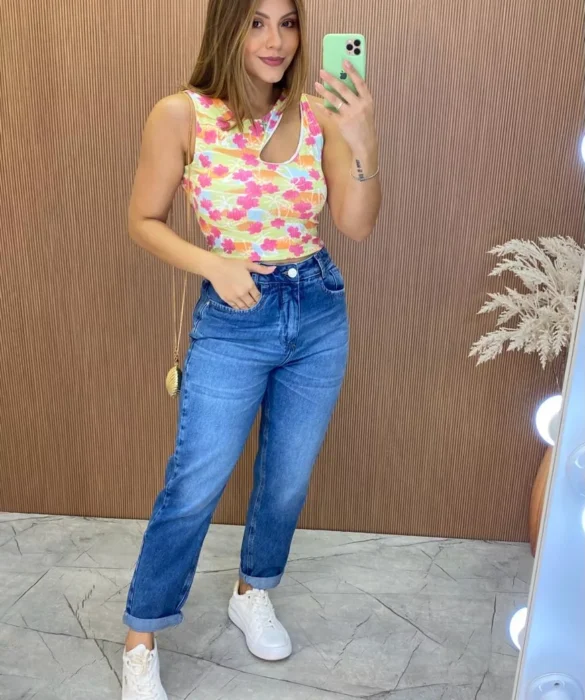 Cropped Feminino Canelado com Bojo Estampado - Fernanda Ramos Store