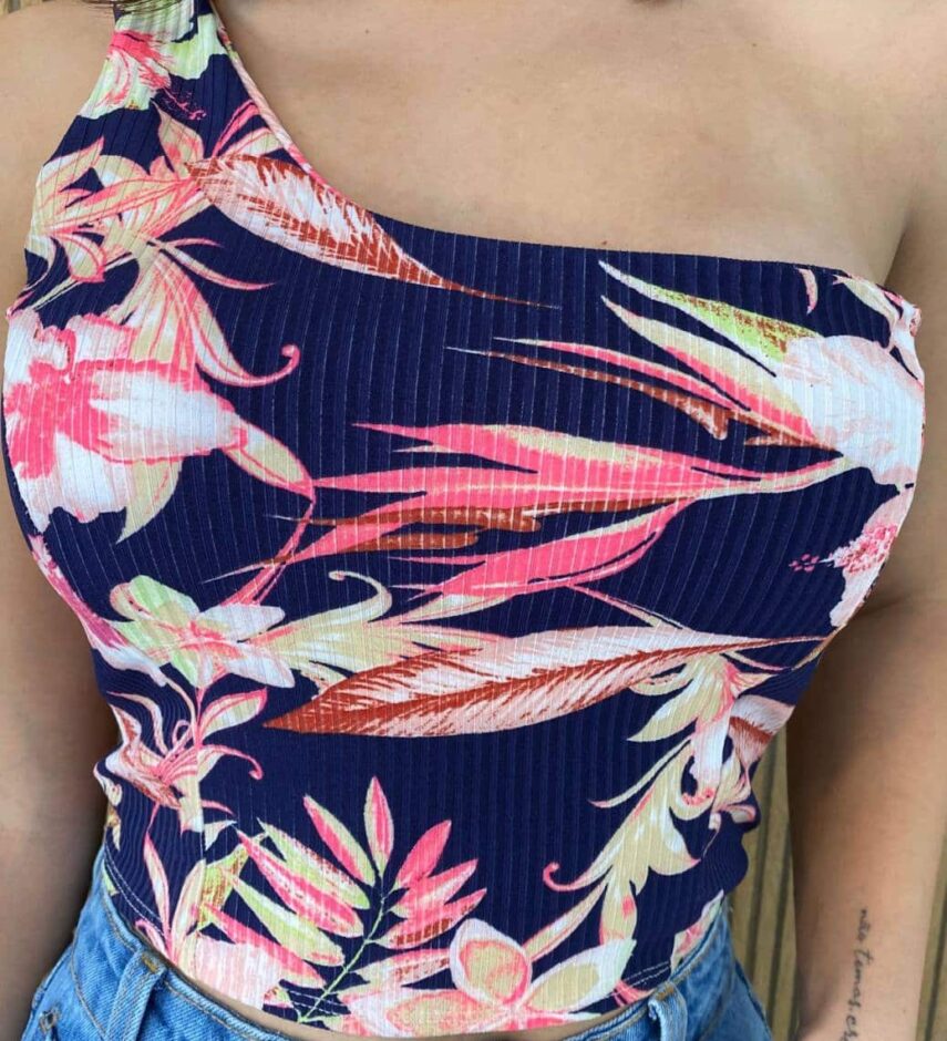 Cropped Feminino com Bojo Canelado Nula Manga Fundo Azul - Fernanda Ramos Store